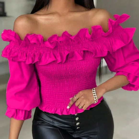Hot Pink Casual Women's Ruffle Decor Off-Shoulder Cropped Top - Picture 6 of 6